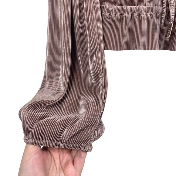 Zara Pleated V Neck Long Sleeve Ribbed Metallic Taupe Top Size Medium - Picture 6 of 12